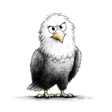 Grumpy cute eagle doodle illustration in hand drawn sketch style