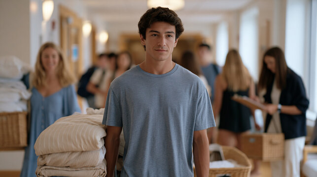 Anxious college freshman dragging overpacked rolling suitcase through a crowded dormitory hallway during move-in weekend, parents trailing behind carrying bedding bins while