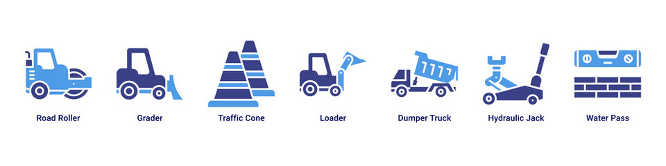 Road Work web banner icon vector illustration with Road Roller, Grader, Traffic Cone, Loader, Dumper Truck, Hydraulic Jack and Water Pass © Arjuna