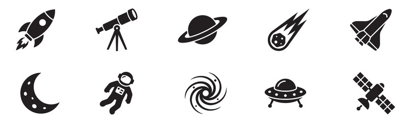 Space and astronomy icon set. Rocket, telescope, planet, meteor, astronaut, satellite. Vector illustration. © Roberto_Caravelli