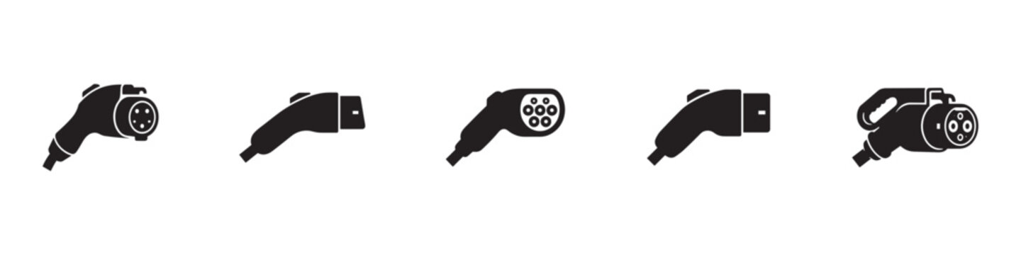 Electric vehicle EV charging plugs icon set. AC and DC charger connector interfaces and socket station types. Vector illustration.