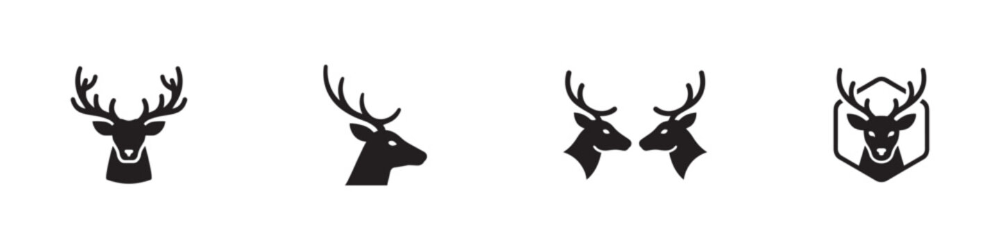Doe profiles icon set. Modern deer logos with symmetric shapes and hexagonal border details. Vector illustration.