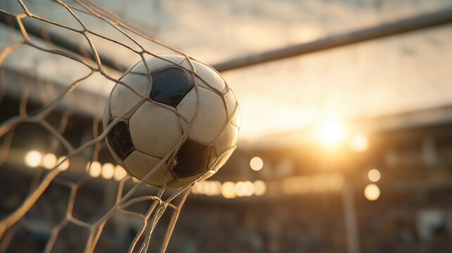 A soccer ball is captured hitting the back of the net during a game, with bright stadium lights and a sunset glow in the background.