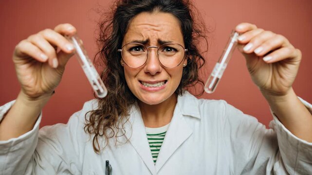 Scientist with worried expression holds up test tube with liquid