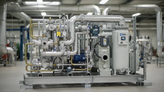 Medium shot focusing on a skidmounted organic Rankine cycle ORC unit emphasizing modular design and seamless integration with existing plant infrastructure.