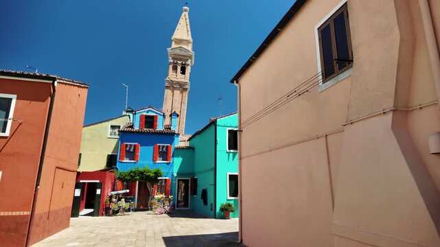 Colorful historic houses and townhouses on the island of Burano in the Venetian lagoon, Italy.