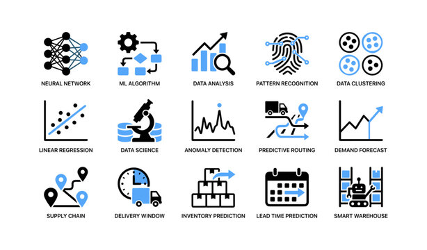 Ml and supply chain icons arranged in grid on white background