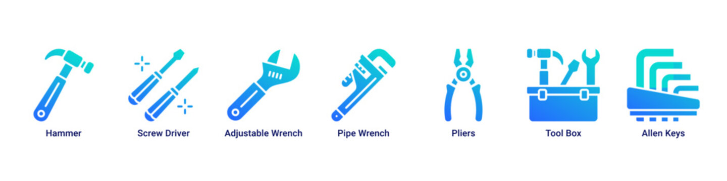 Tool Repair web banner icon vector illustration with Hammer, Screw Driver, Adjustable Wrench, Pipe Wrench, Pliers, Tool Box and Allen Keys for repair services