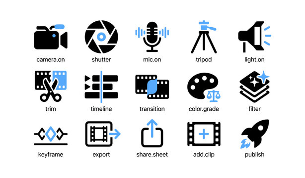 Video editing and production icons showing tools and controls