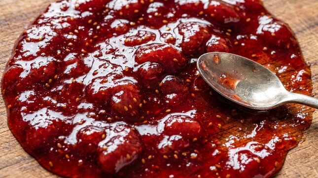 Sweet homemade strawberry jam spread on a wooden board with spoon