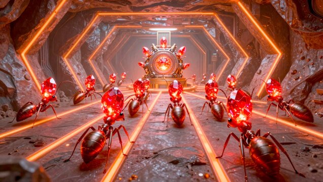 Red ants carry gems towards a glowing object in a futuristic tunnel during night time