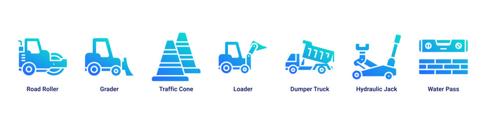 Road Work web banner icon vector illustration with Road Roller, Grader, Traffic Cone, Loader, Dumper Truck, Hydraulic Jack and Water Pass © Arjuna