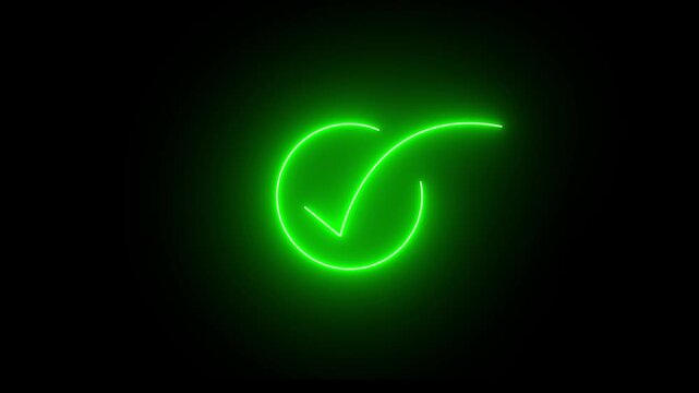 Neon checkmark glows and fades across a black background in a horizontal composite video check mark