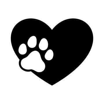 Simple graphic illustration of a loving black heart embracing a gentle pet paw print for animal support