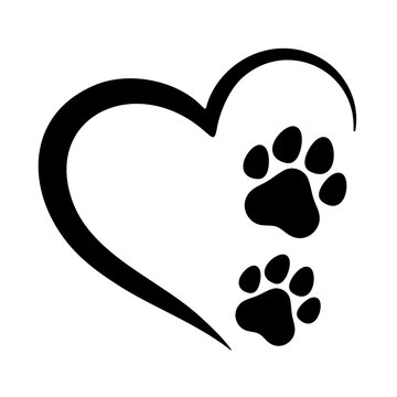 Black heart outline tenderly embracing two sweet paw prints, representing unconditional pet love and care
