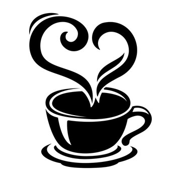 Stylized illustration of a hot beverage mug with loving heart shaped steam rising above
