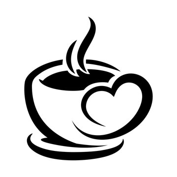 Stylish monochrome coffee cup with heart shaped handle and swirling steam, conveying warmth and affection