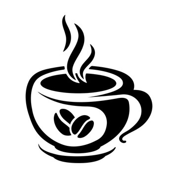 Modern minimalist vector graphic featuring a hot coffee cup with steam and decorative beans design