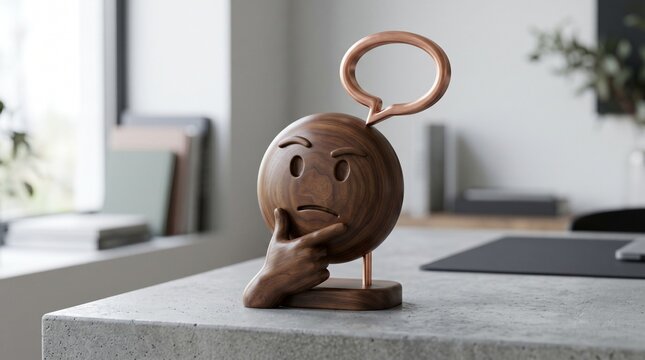 Wooden thinking face sculpture, copper accents, office decor, emotional expression