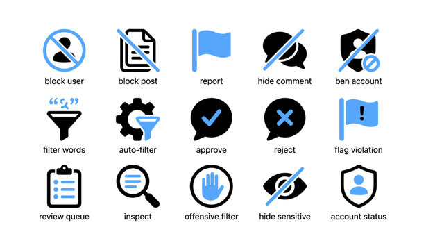 Content moderation icons showing block, report and filter tools