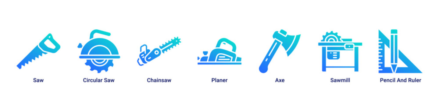 Wood Craft web banner icon vector illustration with Saw, Circular Saw, Chainsaw, Planer, Axe, Sawmill and Pencil And Ruler for woodworking projects