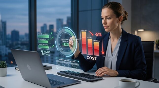 Business woman analyzing holographic data charts, operational efficiency metrics and cost reduction graphs in modern office with city view background, corporate strategy concept