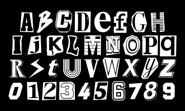Black and white ransom note alphabet and numbers vector set, bold cutout typography with mixed letter styles for poster design, punk artwork, zine layout or graphic composition.
