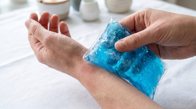 Macro shot of hand pressing blue gel ice pack against wrist for pain management