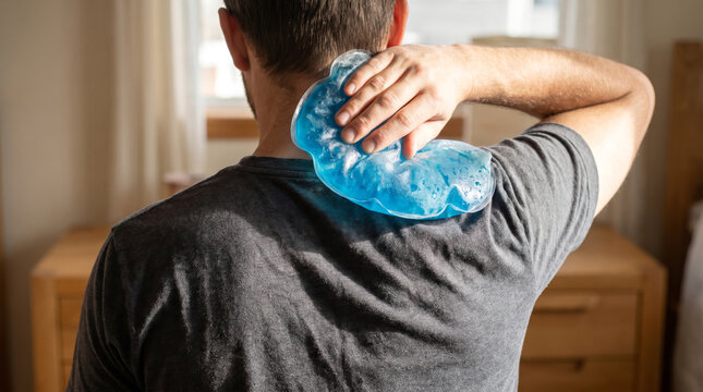 Unrecognizable person applying blue gel cold pack to shoulder and neck muscle pain relief.