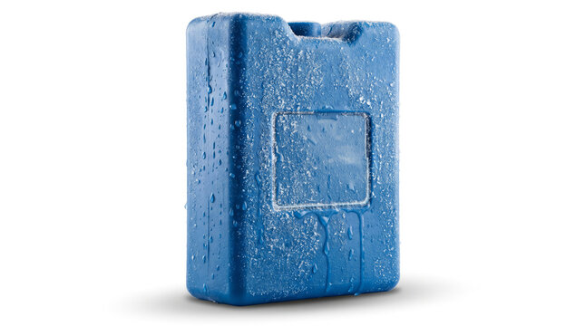 Frozen hard plastic blue ice brick cooler accumulator isolated on white background cutout