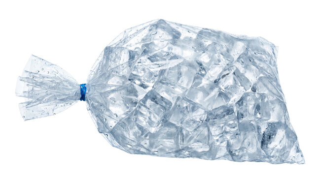 Clear plastic bag filled with real frozen ice cubes isolated on pure white background.