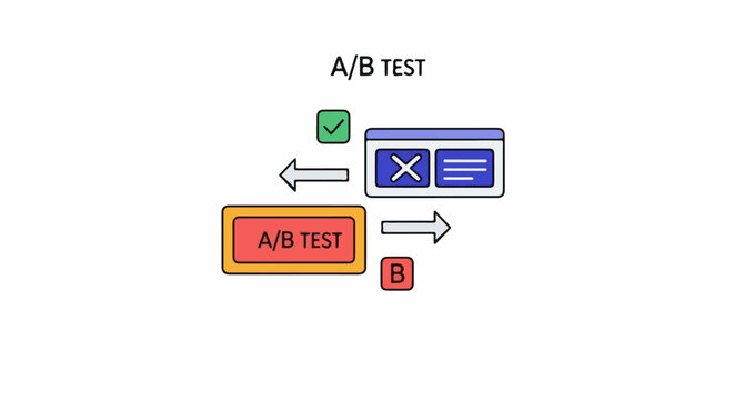 Diagram illustrates A/B testing, comparing two variations with a checkmark and cross for evaluation