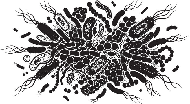 Detailed black and white vector illustration of various bacteria and microscopic organisms