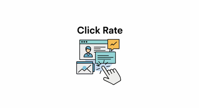Digital interface showing profile, messages, and analytics, with a hand cursor clicking