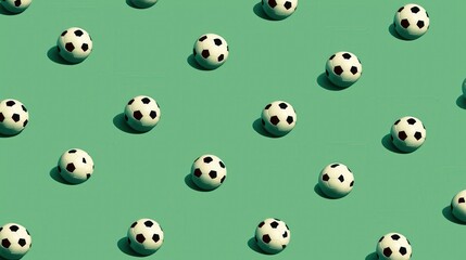Fototapeta premium Repeated pattern of classic black and white soccer balls casting shadows on a green background.
