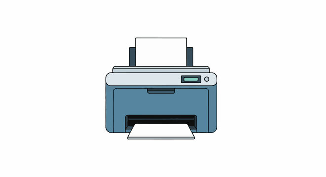A digital printer with a sheet of paper fed into the output tray and a blank sheet in the input tray