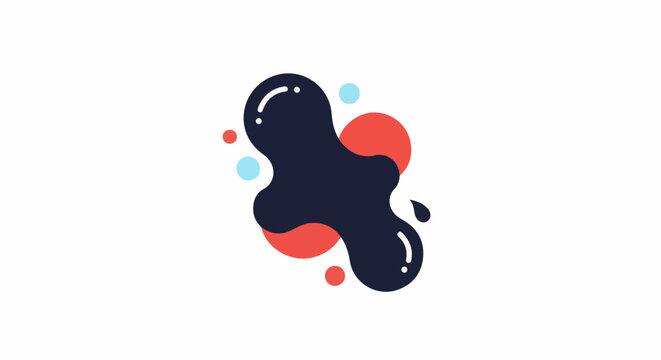 Organic blobs and circles in dark blue, red, and light blue