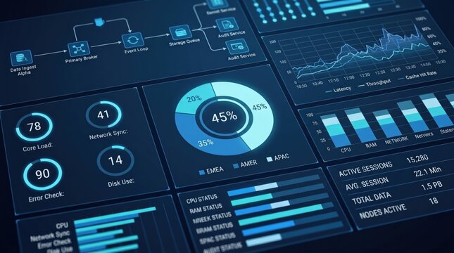 Network dashboard data monitoring interface displaying core load, error check, disk use, latency throughput graphs and active sessions statistics.