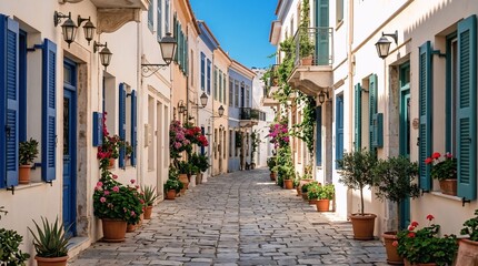 Obraz premium narrow street in the old townBeautiful narrow cobblestone street in Greece with white buildings, colorful shutters and blooming flowers, charming Mediterranean town alley, generative ai