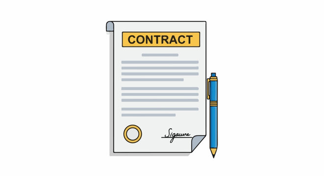 A rolled contract document with a yellow band labeled "CONTRACT," lined text, a seal, a signature, and a blue pen