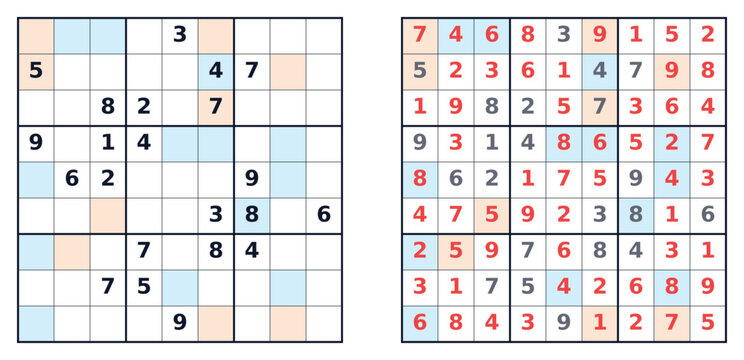 Sudoku puzzle 9x9 expert level for adults, printable with answers A4 with highlighted even and odd numbers