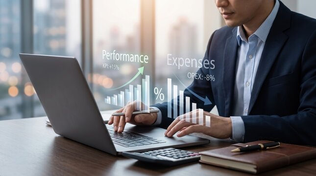 Businessman working on laptop analyzing financial performance KPI increase and expenses OPEX decrease charts with calculator and notebook on desk