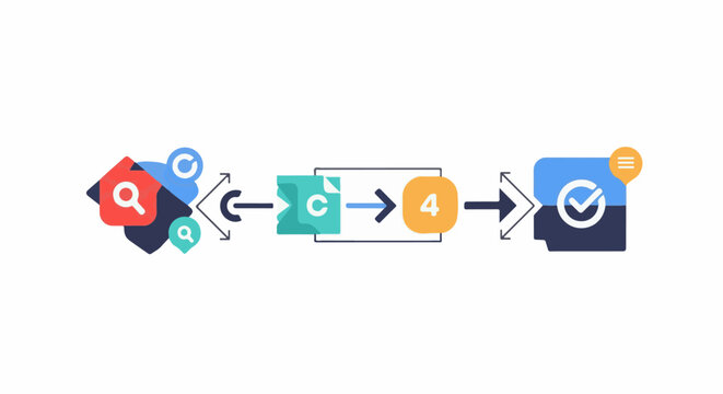 A conceptual flowchart illustrates data processing search inputs transform into a document, then progress to a numbered step, and finally result in a confirmed outcome
