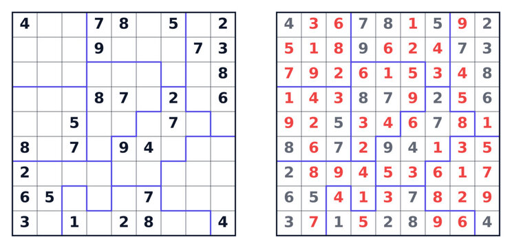 Sudoku jigsaw puzzle 9x9 hard level for adults printable with answers A4, challenging number logic game with unique grid pattern