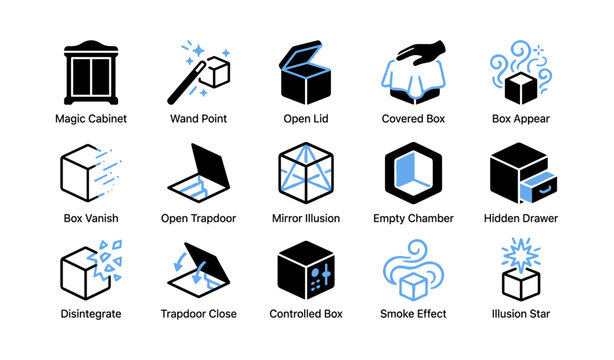 Magic box and cabinet icons showing box effects on white background