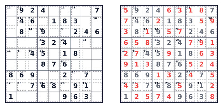 Killer Sudoku puzzle 9x9 hard level for adults printable with answers A4