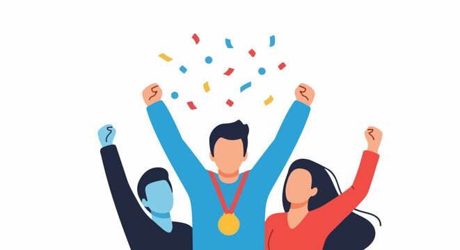 Three people celebrating with raised fists and confetti