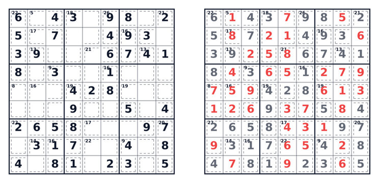 Killer Sudoku puzzle medium level 9x9 grid for adults printable with answers A4