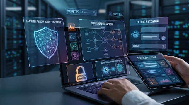 Cybersecurity concept with AI driven threat detection engine, secure network topology, biometric authentication, encrypted data vault, server room background