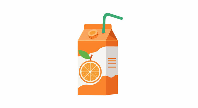 A cartoon-style orange juice box with a green straw and a slice of orange